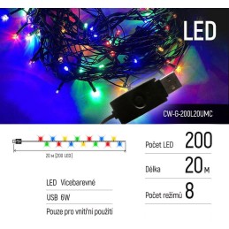 COLORWAY LED řetěz/ vnitřní / 200 LED / délka 20m / více barevný / 8 funkcí/ napájení USB