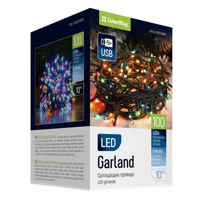 COLORWAY LED řetěz/ vnitřní / 100 LED / délka 10m / více barevný/ 8 funkcí/ napájení USB