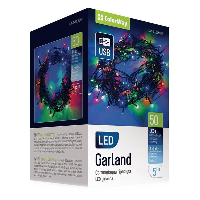 COLORWAY LED řetěz/ vnitřní / 50 LED / délka 5m / více barevný/ 8 funkcí/ napájení USB