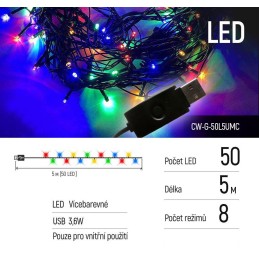 COLORWAY LED řetěz/ vnitřní / 50 LED / délka 5m / více barevný/ 8 funkcí/ napájení USB