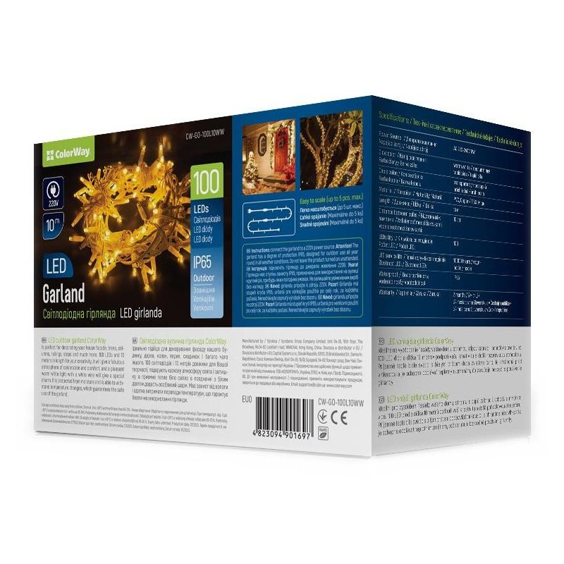 COLORWAY LED řetěz/ IP65 / 100 LED / délka 10m / teplá bílá/ napájení AC, 220V, 6W