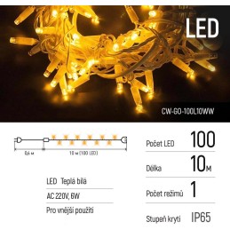 COLORWAY LED řetěz/ IP65 / 100 LED / délka 10m / teplá bílá/ napájení AC, 220V, 6W