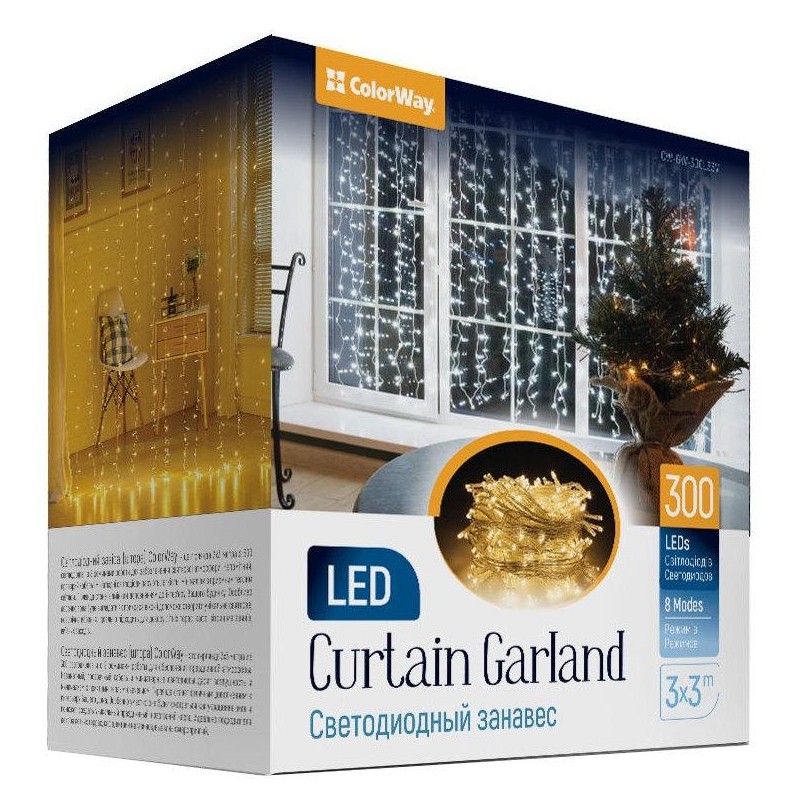 COLORWAY LED girlanda/ vnitřní / 300 LED / délka 3 x 3m / teplá bílá/ AC 220V