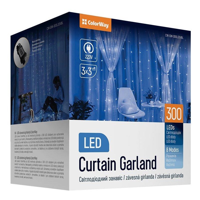 COLORWAY LED girlanda/ vnitřní / 300 LED / délka 3 x 3m / modrá/ AC 220V