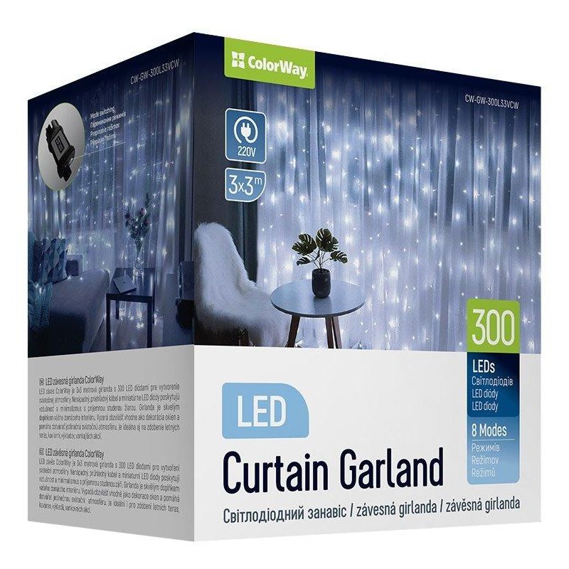 COLORWAY LED girlanda/ vnitřní / 300 LED / délka 3 x 3m / studená bílá/ AC 220V