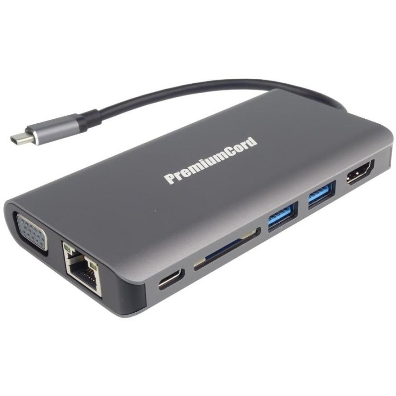 PremiumCord adaptér USB3.1 typ C na HDMI+VGA/ RJ45/ 2xUSB3.0/ SD/ 3,5mm/ PD charge