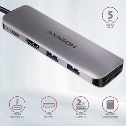 AXAGON hub USB-C / HMC-5 / USB 3.2 Gen1 / 1x USB-C / 2x USB-A / 1x HDMI / microSD/SD / 100W PD / 0,2m