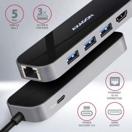 AXAGON hub USB-C / HMC-6GL / USB 3.2 Gen1 / 3x USB-A / HDMI / GLAN / 60W PD / 0,2m