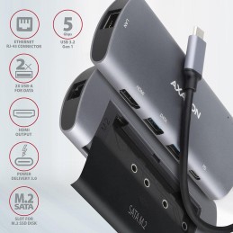 AXAGON hub USB-C / HMC-6M2 / USB 3.2 Gen1 / 2x USB-A / HDMI / GLAN / SATA M.2 / 100W PD / 0,1m