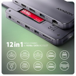 AXAGON multi hub USB-C / HMC-12GM2 / USB 3.2 Gen1 / 1x PD / 1x HDMI / 1x USB-C / 1x USB-A / SD/micro SD / 1x M.2 / RJ-45