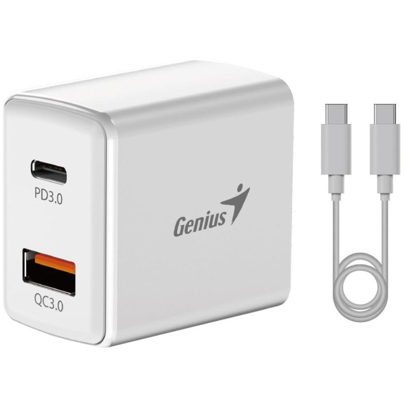 GENIUS rychlonabíjecí set PD-20ACP, 20W, rychlé nabíjení, USB-C PD3.0, USB-A QC3.0, 1m kabel USB-C USB-C, bílá