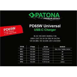 PATONA napájecí adaptér k ntb/ 18,5-20V 65W/ 6 konektorů/ UNI/ USB-C/ Power delivery