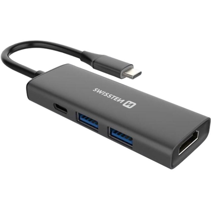 Swissten usb-c hub 4-in-1 (usb-c 100w, hdmi 4k, 2x usb-a) aluminium