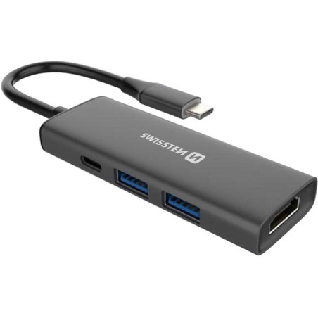 Swissten usb-c hub 4-in-1 (usb-c 100w, hdmi 4k, 2x usb-a) aluminium
