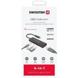 Swissten usb-c hub 4-in-1 (usb-c 100w, hdmi 4k, 2x usb-a) aluminium