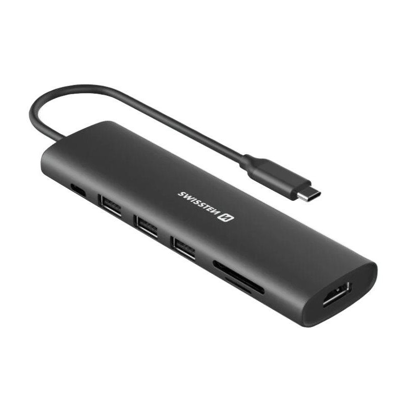 Swissten usb-c hub 7-in-1 (usb-c 100w, hdmi 4k, 1x usb-a 3.0, 2x usb-a 2.0, sd, micro sd) aluminium