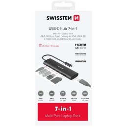 Swissten usb-c hub 7-in-1 (usb-c 100w, hdmi 4k, 1x usb-a 3.0, 2x usb-a 2.0, sd, micro sd) aluminium