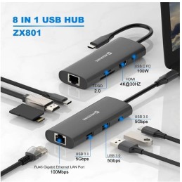 Swissten usb-c hub 8-in-1 (usb-c 100w, hdmi 4k, lan rj45, 2x usb-a, 1x usb-c 5gbps, sd, micro sd) aluminium