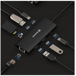 Swissten usb-c hub 8-in-1 (usb-c 100w, hdmi 4k, lan rj45, 2x usb-a, 1x usb-c 5gbps, sd, micro sd) aluminium