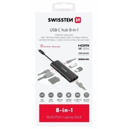 Swissten usb-c hub 8-in-1 (usb-c 100w, hdmi 4k, lan rj45, 2x usb-a, 1x usb-c 5gbps, sd, micro sd) aluminium