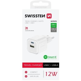 Swissten síťový adaptér 12w 1x usb-c + 1x usb-a  bílý