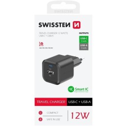 Swissten síťový adaptér 12w 1x usb-c + 1x usb-a  černý