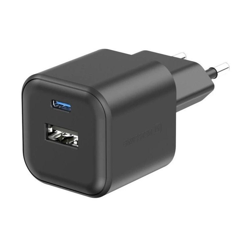 Swissten síťový adaptér gan 1x usb-c 20w pd + 1x usb-a 18w qc černý