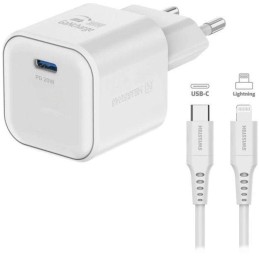 Swissten síťový adaptér gan 1x usb-c 20w power delivery bílý + datový kabel usb-c/lightning 1,2 m bílý