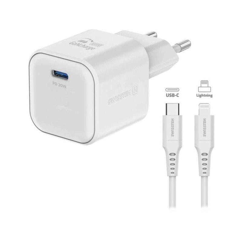 Swissten síťový adaptér gan 1x usb-c 20w power delivery bílý + datový kabel usb-c/lightning 1,2 m bílý