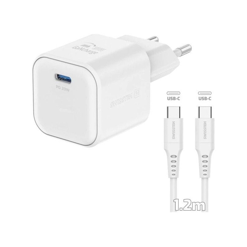 Swissten síťový adaptér gan 1x usb-c 20w power delivery bílý + datový kabel usb-c/usb-c 1,2 m bílý