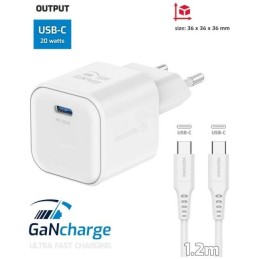 Swissten síťový adaptér gan 1x usb-c 20w power delivery bílý + datový kabel usb-c/usb-c 1,2 m bílý