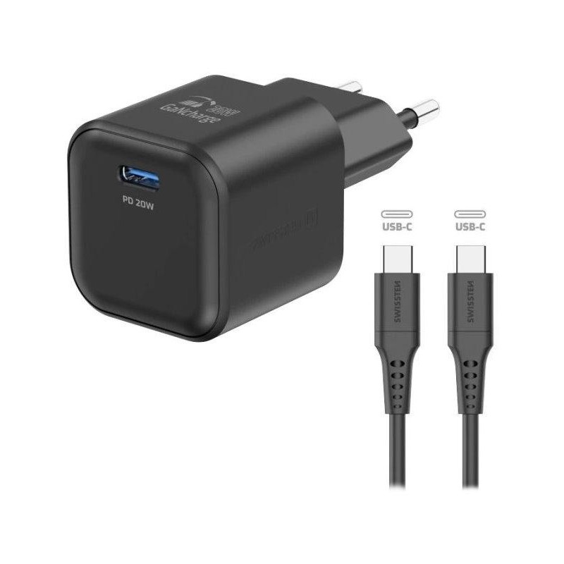 Swissten síťový adaptér gan 1x usb-c 20w power delivery černý + datový kabel usb-c/usb-c 1,2 m černý