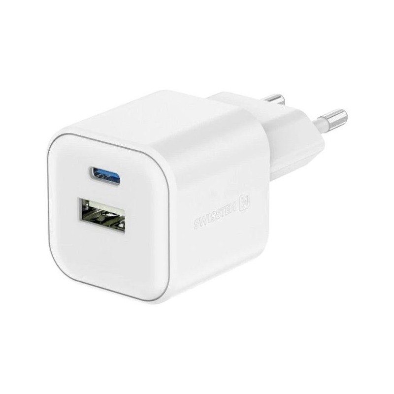 Swissten síťový adaptér gan 1x usb-c 35w pd + 1x usb-a 27w qc bílý