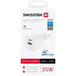 Swissten síťový adaptér gan 1x usb-c 35w pd + 1x usb-a 27w qc bílý