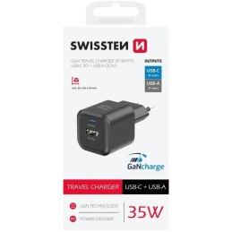 Swissten síťový adaptér gan 1x usb-c 35w pd + 1x usb-a 27w qc černý