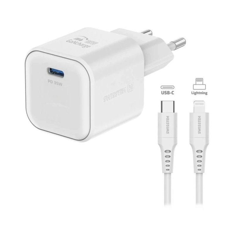Swissten síťový adaptér gan 1x usb-c 35w power delivery bílý + datový kabel usb-c/lightning 1,2 m bílý
