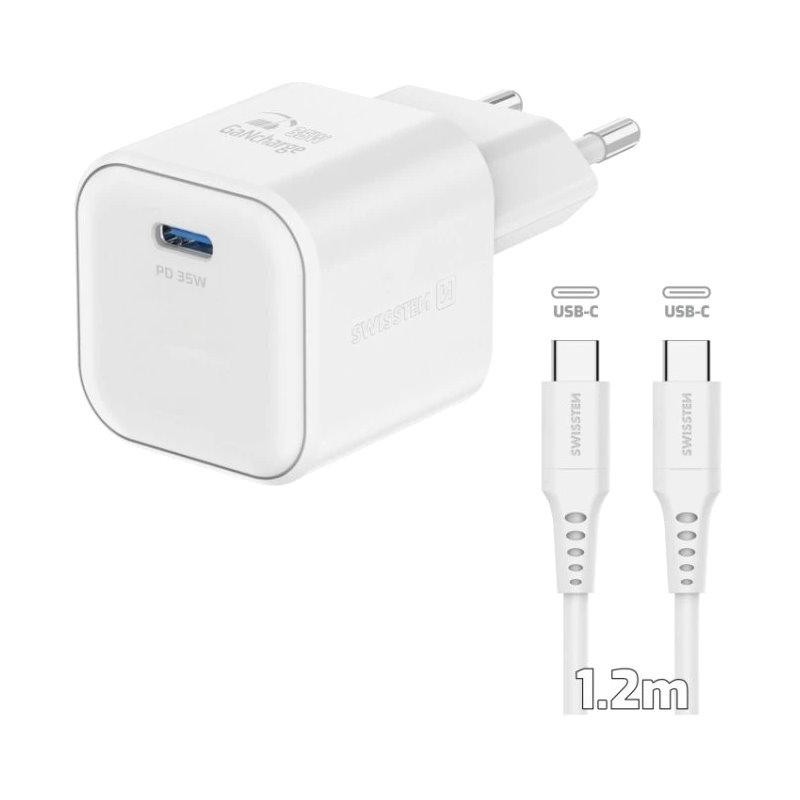 Swissten síťový adaptér gan 1x usb-c 35w power delivery bílý + datový kabel usb-c/usb-c 1,2 m bílý