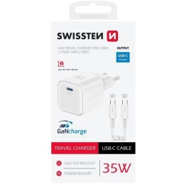 Swissten síťový adaptér gan 1x usb-c 35w power delivery bílý + datový kabel usb-c/usb-c 1,2 m bílý