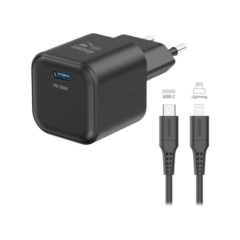 Swissten síťový adaptér gan 1x usb-c 35w power delivery černý + datový kabel usb-c/lightning 1,2 m černý