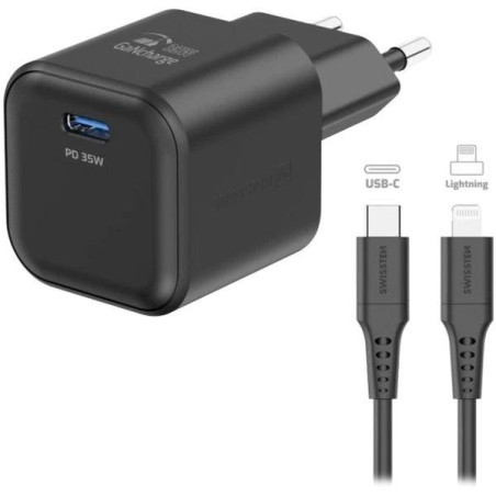 Swissten síťový adaptér gan 1x usb-c 35w power delivery černý + datový kabel usb-c/lightning 1,2 m černý