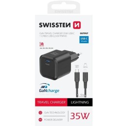 Swissten síťový adaptér gan 1x usb-c 35w power delivery černý + datový kabel usb-c/lightning 1,2 m černý
