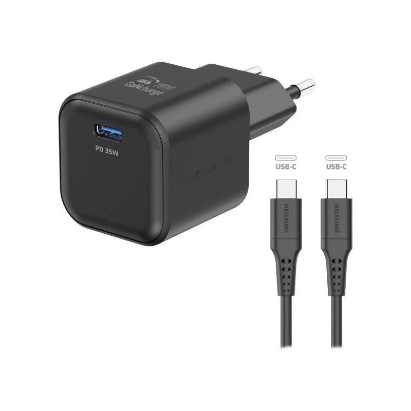 Swissten síťový adaptér gan 1x usb-c 35w power delivery černý + datový kabel usb-c/usb-c 1,2 m černý