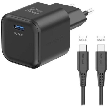Swissten síťový adaptér gan 1x usb-c 35w power delivery černý + datový kabel usb-c/usb-c 1,2 m černý