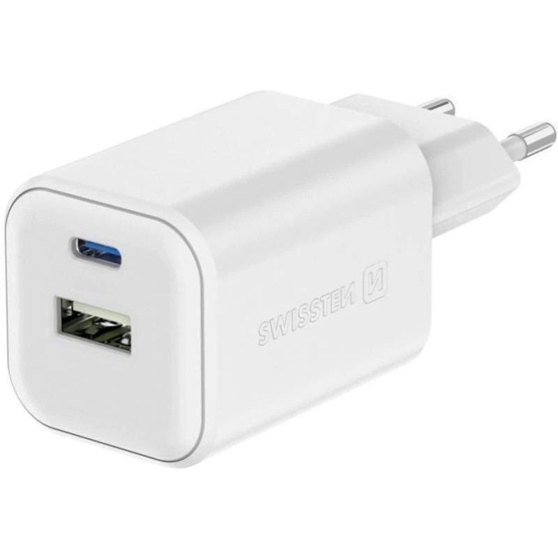 Swissten síťový adaptér gan 1x usb-c 45w pd + 1x usb-a 18w qc bílý