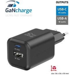 Swissten síťový adaptér gan 1x usb-c 45w pd + 1x usb-a 18w qc černý