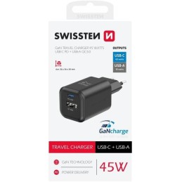 Swissten síťový adaptér gan 1x usb-c 45w pd + 1x usb-a 18w qc černý
