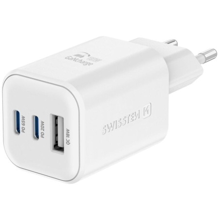 Swissten síťový adaptér gan 2x usb-c 65w pd + 1x usb-a 18w qc bílý
