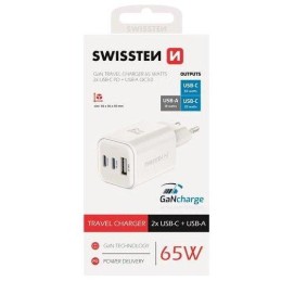 Swissten síťový adaptér gan 2x usb-c 65w pd + 1x usb-a 18w qc bílý