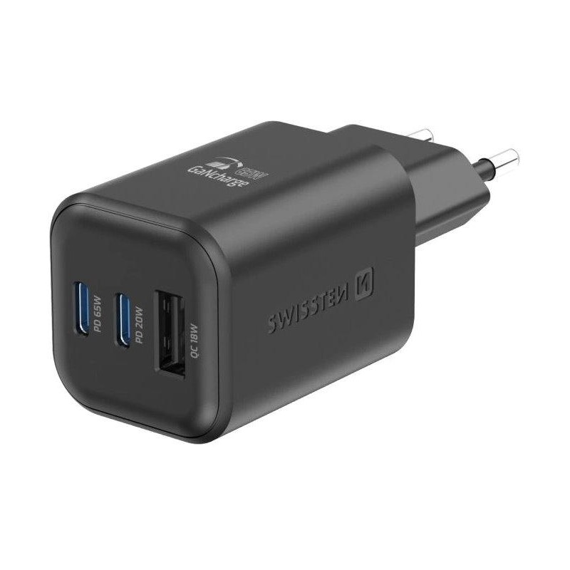 Swissten síťový adaptér gan 2x usb-c 65w pd + 1x usb-a 18w qc černý