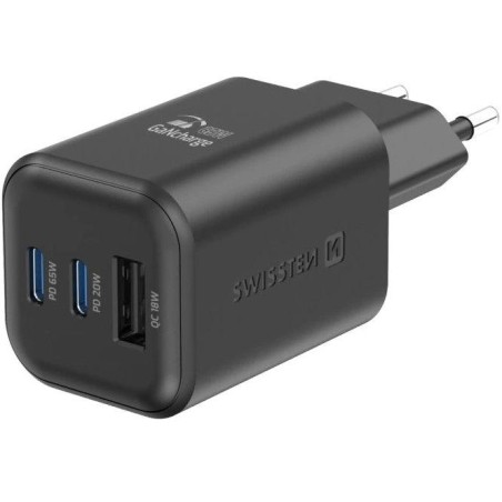 Swissten síťový adaptér gan 2x usb-c 65w pd + 1x usb-a 18w qc černý